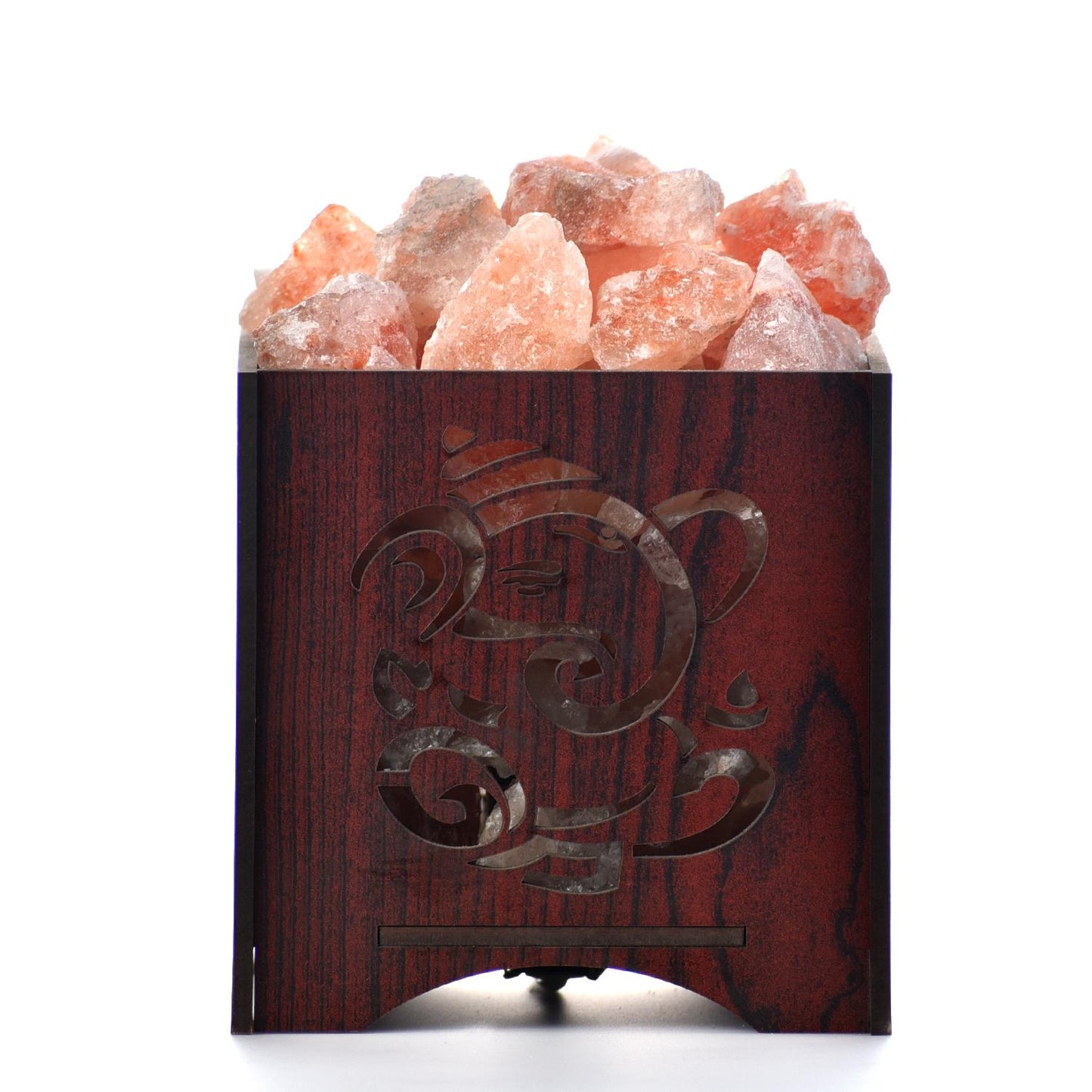 Ganesha Mantra Himalayan Rock Salt Wooden Basket Lamp – Sacred Mantra Salt Lamp (Design 2)