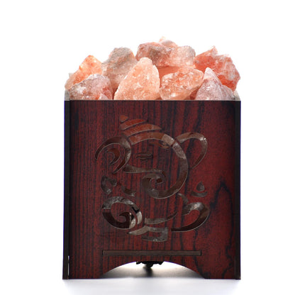 Ganesha Mantra Himalayan Rock Salt Wooden Basket Lamp – Sacred Mantra Salt Lamp (Design 2)