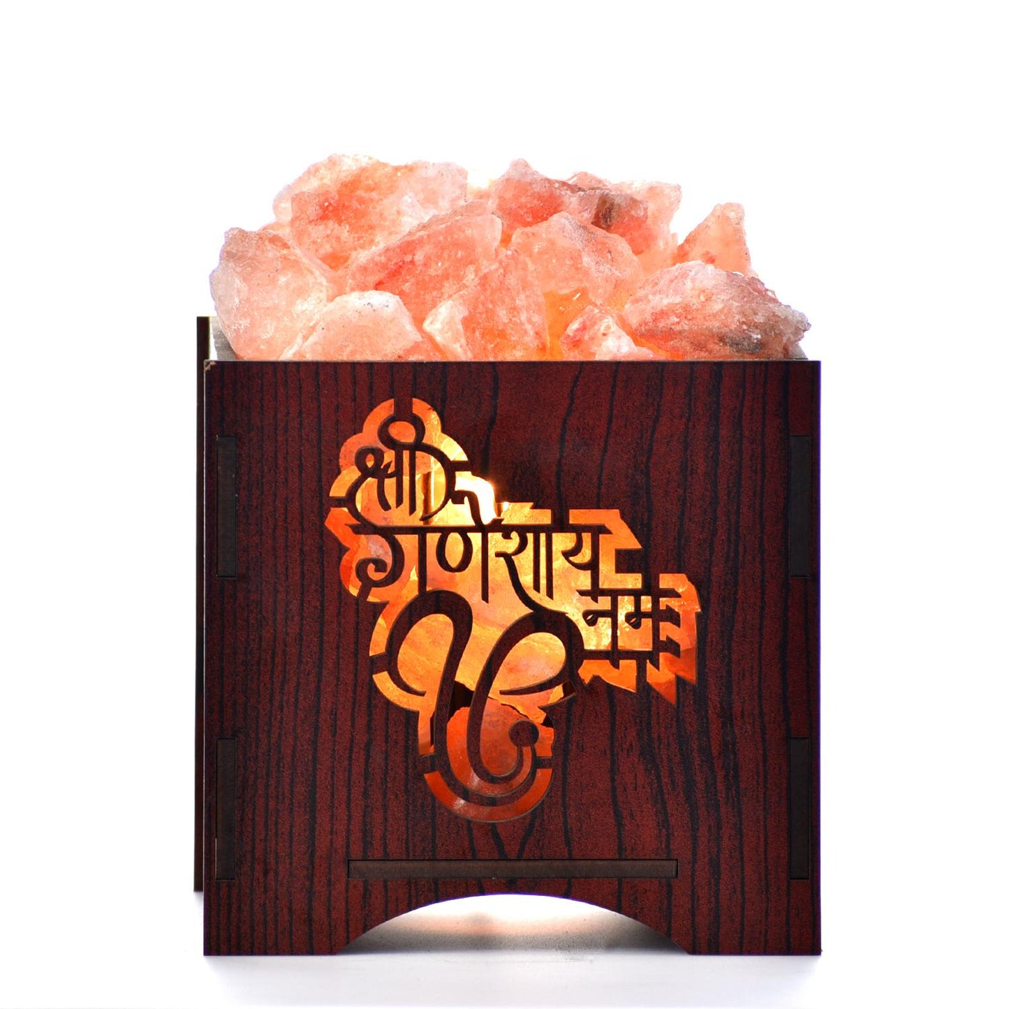 Ganesha Mantra Himalayan Rock Salt Wooden Basket Lamp – Sacred Mantra Salt Lamp (Design 2)