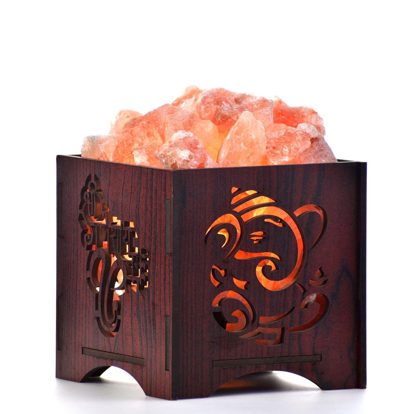 Ganesha Mantra Himalayan Rock Salt Wooden Basket Lamp – Sacred Mantra Salt Lamp (Design 2)
