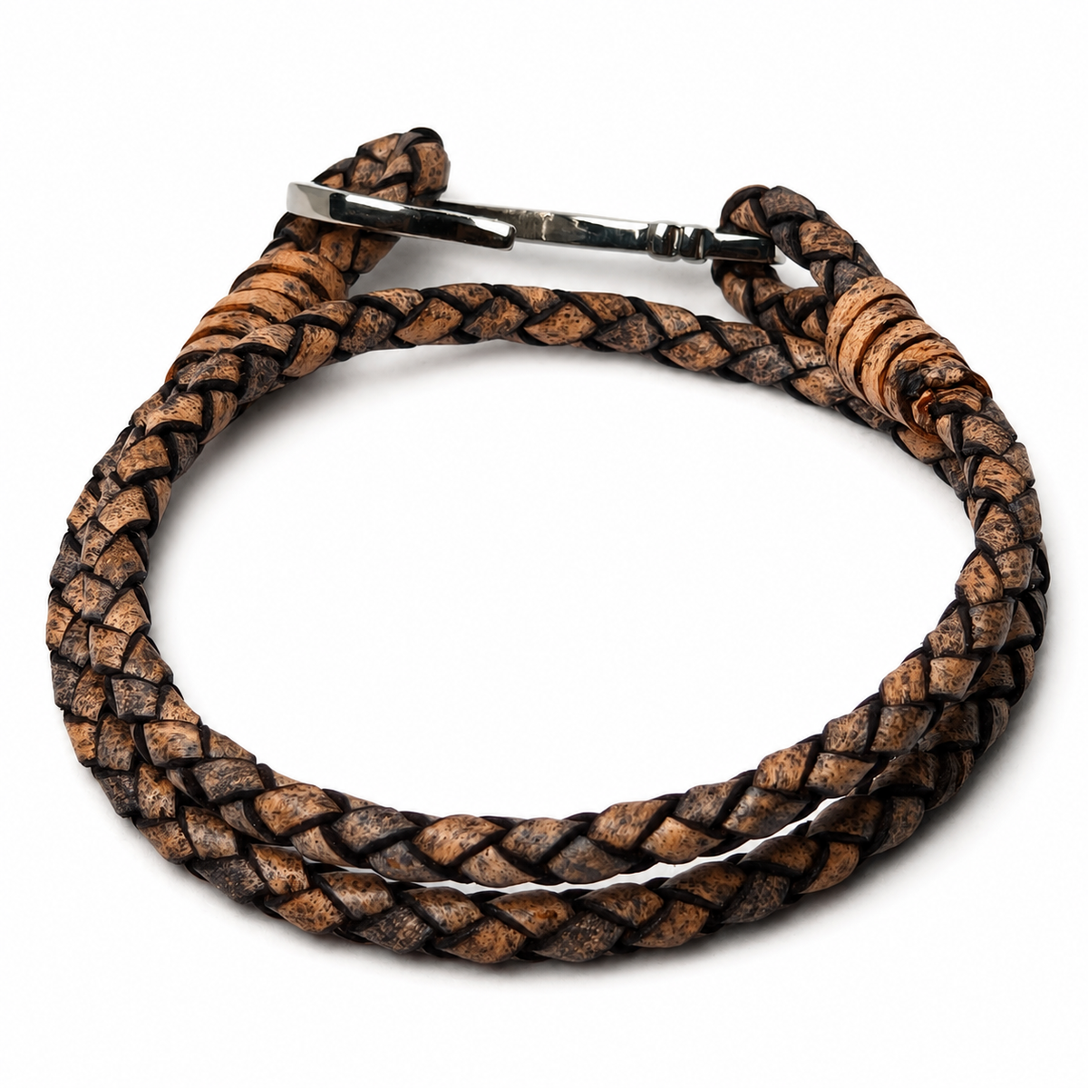 A braided leather accessory with a silver metal clasp, shown on a plain white background.