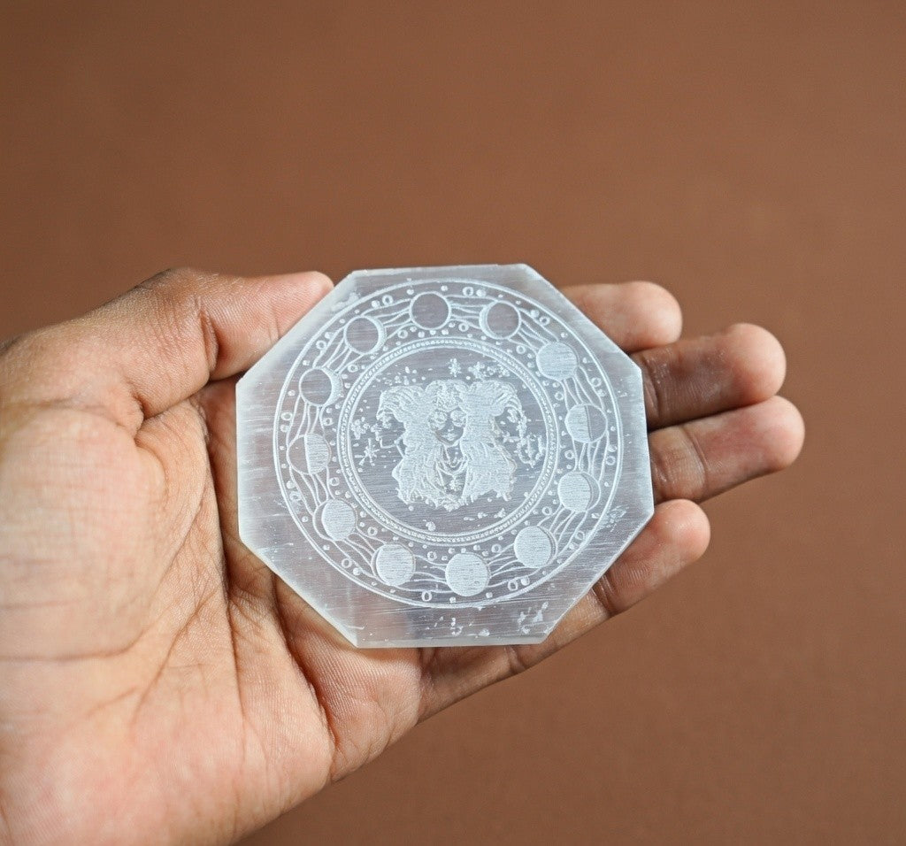 Selenite Charging Plate with carving (3 inch)