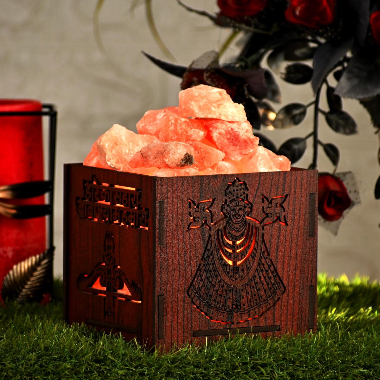 Khatu Shyam Himalayan Rock Salt Wooden Basket Lamp – Devotional Shyam Lamp