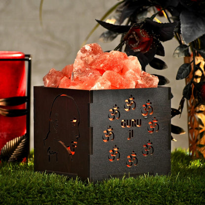 Guru Ji Face Himalayan Rock Salt Wooden Basket Lamp | Healing Aura Crystals