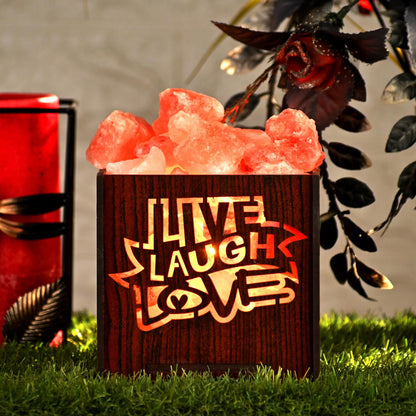 Live Laugh Love Himalayan Rock Salt Wooden Basket Lamp – Motivational Salt Lamp