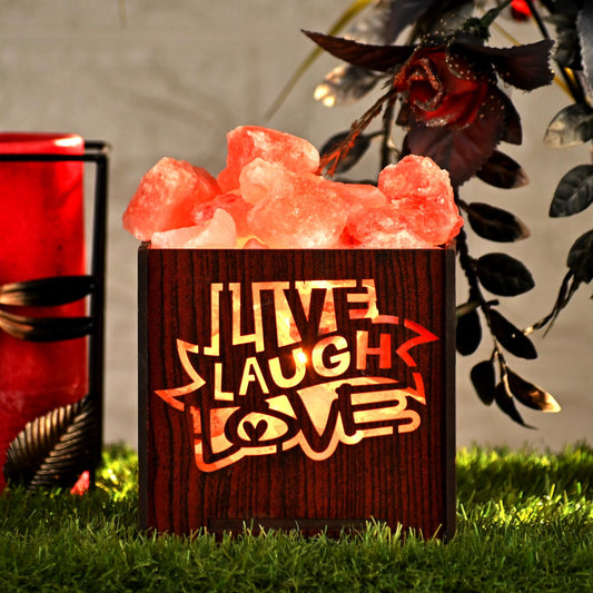 Live Laugh Love Himalayan Rock Salt Wooden Basket Lamp – Motivational Salt Lamp