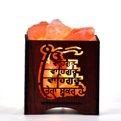 Wahe Guru Shukrana Himalayan Rock Salt Wooden Basket Lamp – Sikh Blessing Salt Lamp