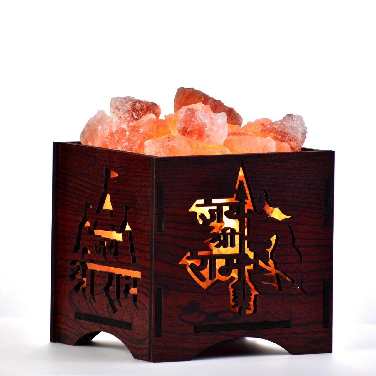 Jai Shri Ram Himalayan Rock Salt Wooden Basket Lamp – Devotional Salt Light