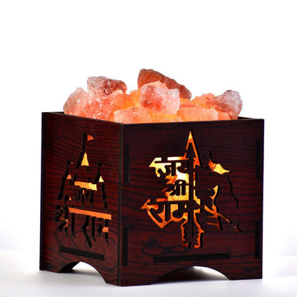 Jai Shri Ram Himalayan Rock Salt Wooden Basket Lamp – Devotional Salt Light