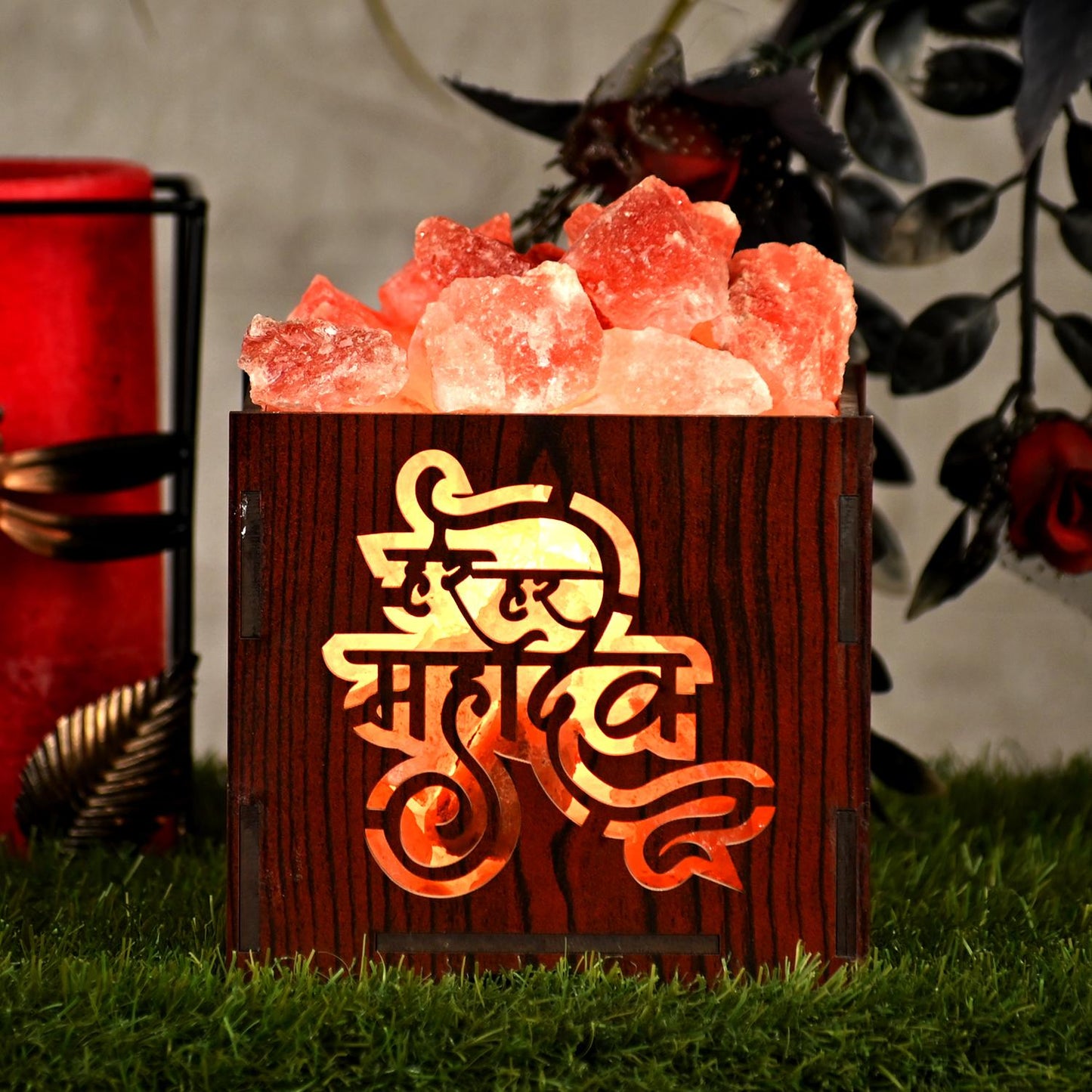 Om Namah Shivay Himalayan Rock Salt Wooden Basket Lamp – Shiv Mantra Salt Lamp