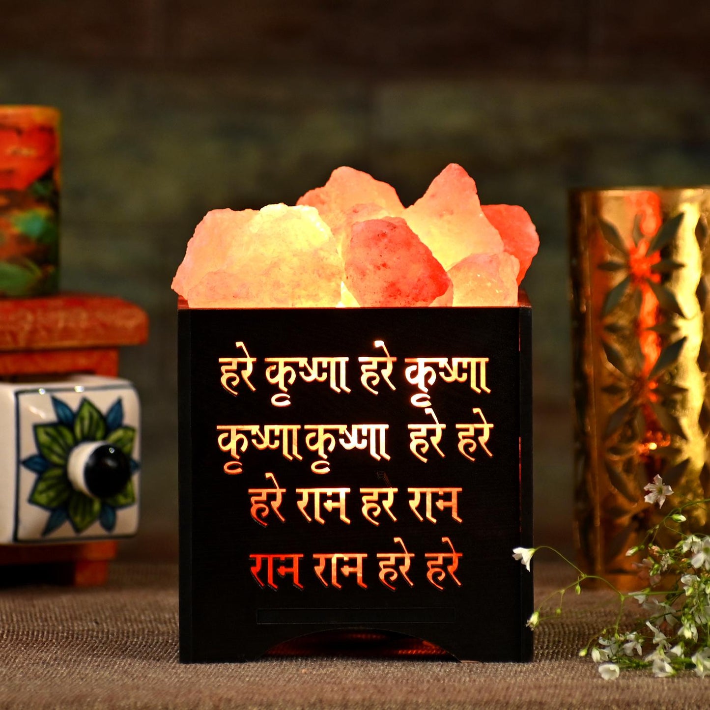 Hare Krishna Himalayan Rock Salt Wooden Basket Lamp – Devotional Salt Lamp (Design 1)