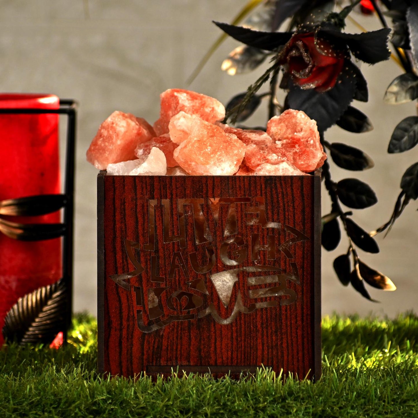 Live Laugh Love Himalayan Rock Salt Wooden Basket Lamp – Motivational Salt Lamp
