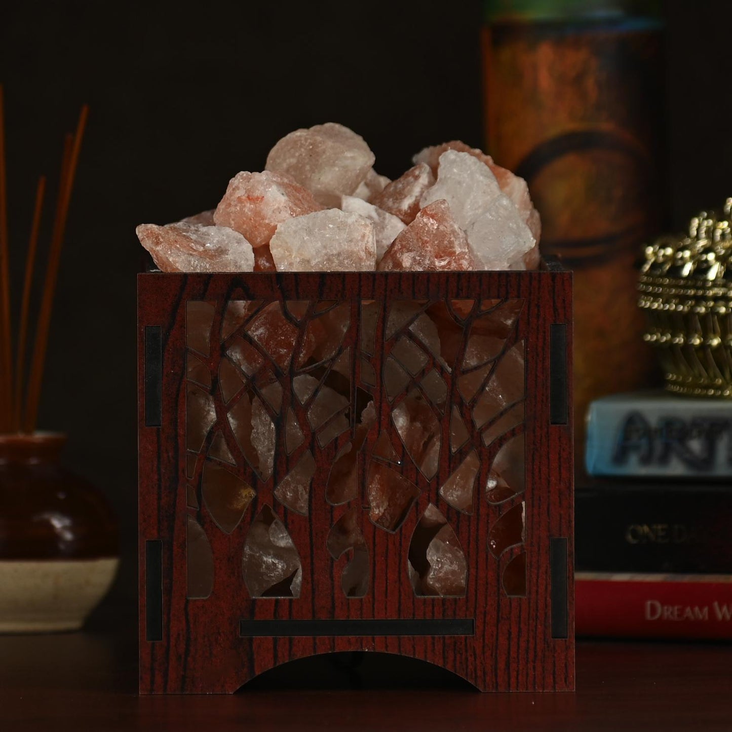 Forest Himalayan Rock Salt Wooden Basket Lamp – Forest Theme Salt Lamp (Design 1)
