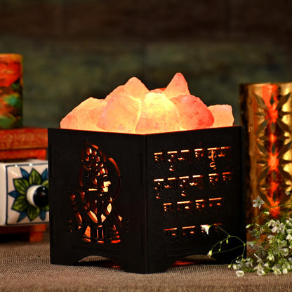 Hare Krishna Himalayan Rock Salt Wooden Basket Lamp – Devotional Salt Lamp (Design 1)