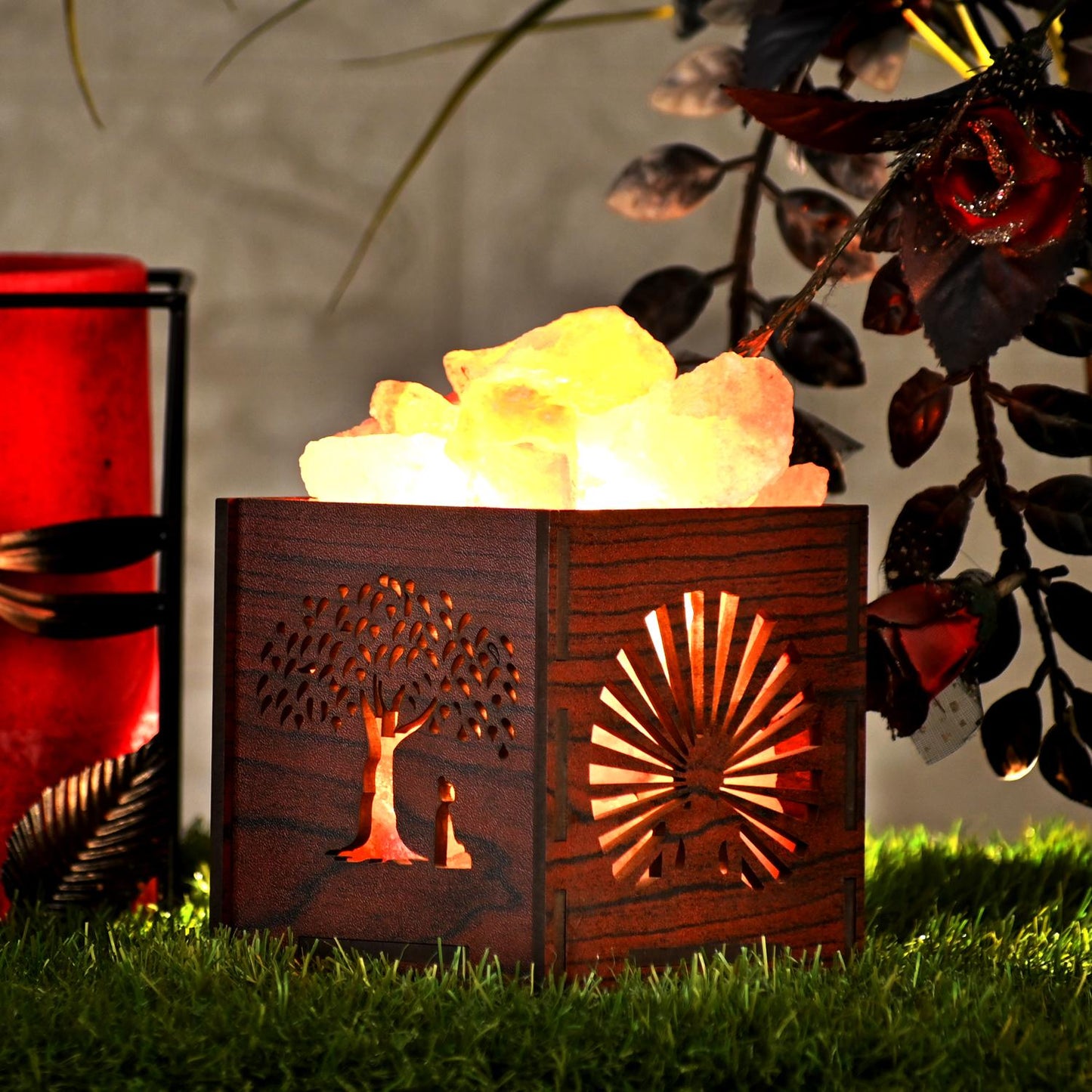 Buddha Nirvana Himalayan Rock Salt Wooden Basket Lamp – Peaceful Buddha Salt Lamp