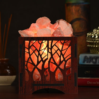 Forest Himalayan Rock Salt Wooden Basket Lamp – Forest Theme Salt Lamp (Design 1)