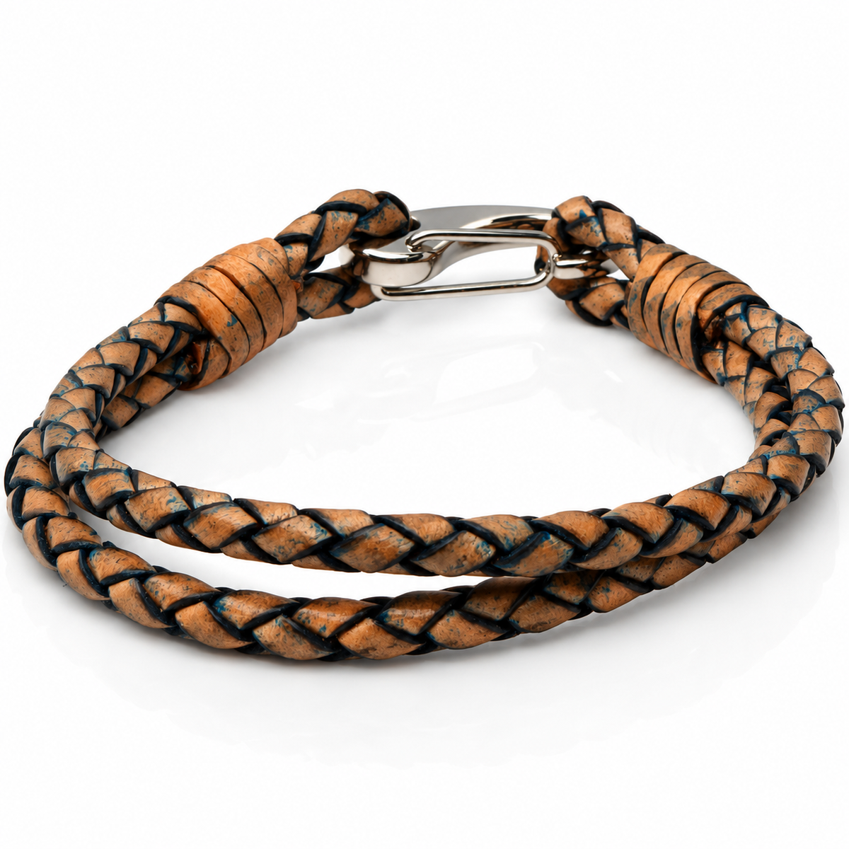 A braided leather bracelet with a silver-toned lobster clasp, featuring alternating tan and black braided strands on a white background.