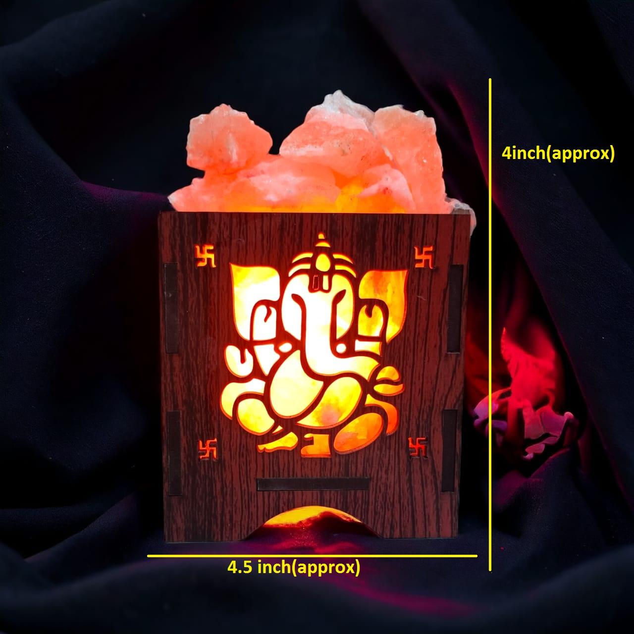 Ganesha Ji Blessing Himalayan Rock Salt Wooden Basket Lamp – Blessings Salt Lamp (Design 1)