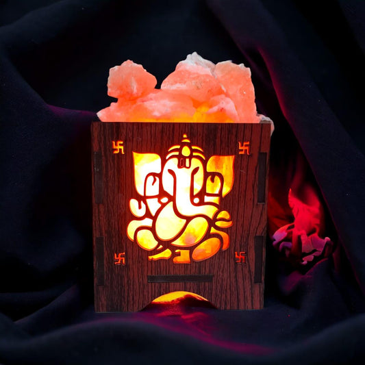 Ganesha Ji Blessing Himalayan Rock Salt Wooden Basket Lamp – Blessings Salt Lamp (Design 1)