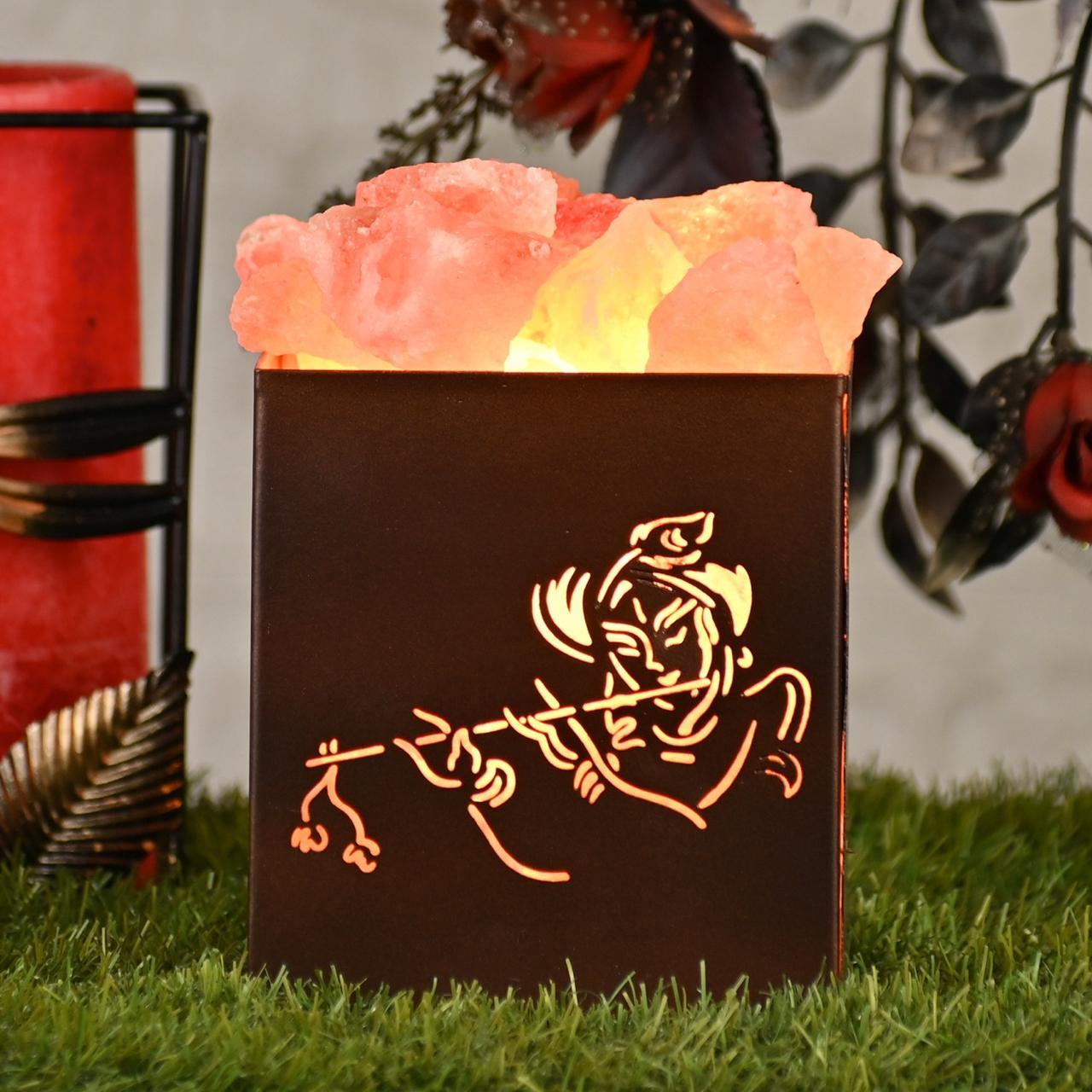 Hare Krishna Himalayan Rock Salt Wooden Basket Lamp – Spiritual Salt Lamp (Design 2)