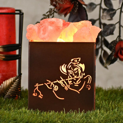 Hare Krishna Himalayan Rock Salt Wooden Basket Lamp – Spiritual Salt Lamp (Design 2)