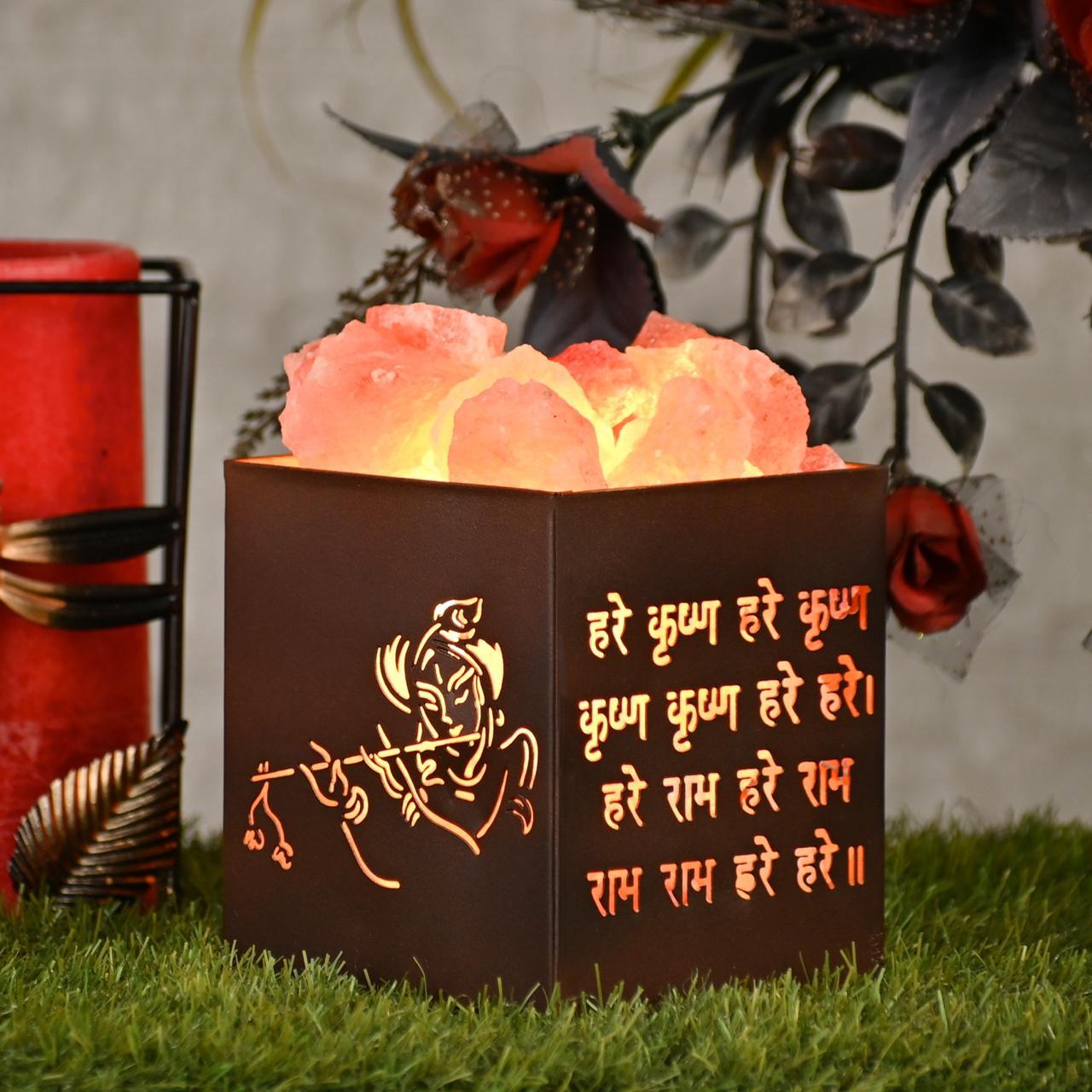 Hare Krishna Himalayan Rock Salt Wooden Basket Lamp – Spiritual Salt Lamp (Design 2)
