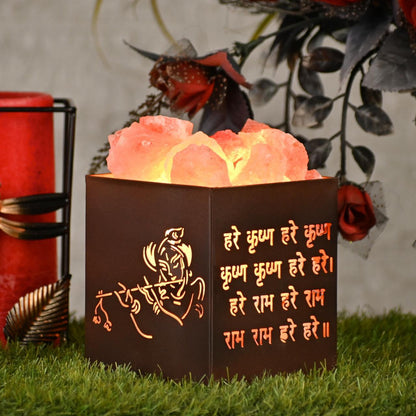 Hare Krishna Himalayan Rock Salt Wooden Basket Lamp – Spiritual Salt Lamp (Design 2)