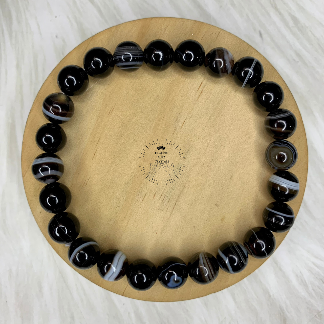Black Sulemani Hakik Bracelet - 8mm Beaded Banded Agate Onyx, Natural –  DevikCraft